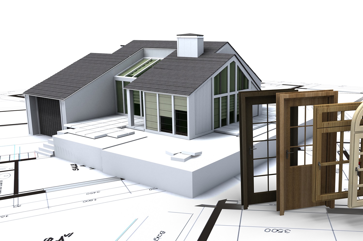 House on blueprints with a choice of windows and doors