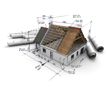 3D rendering of an architecture model, with rolled up blueprints and handwritten notes and measurements